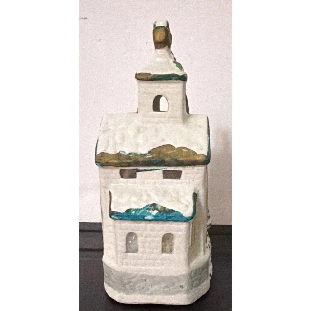 Ceramic Christmas Church Tea Light Candle Holder, Painted White Small 6 in